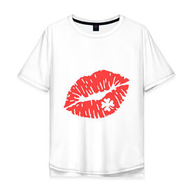 Мужская футболка хлопок Oversize с принтом Поцелуй на удачу в Санкт-Петербурге, 100% хлопок | свободный крой, круглый ворот, “спинка” длиннее передней части | губы | клевер | поцелуй | поцелуй на удачу