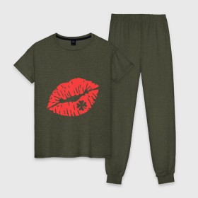 Женская пижама хлопок с принтом Поцелуй на удачу в Санкт-Петербурге, 100% хлопок | брюки и футболка прямого кроя, без карманов, на брюках мягкая резинка на поясе и по низу штанин | губы | клевер | поцелуй | поцелуй на удачу