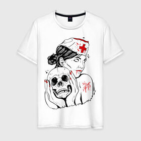 Мужская футболка хлопок с принтом Тату медсестра в Санкт-Петербурге, 100% хлопок | прямой крой, круглый вырез горловины, длина до линии бедер, слегка спущенное плечо. | кровь | медсестра | тату | тату медсестра | череп