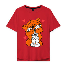Мужская футболка хлопок Oversize с принтом Мишка с зайкой в Санкт-Петербурге, 100% хлопок | свободный крой, круглый ворот, “спинка” длиннее передней части | зайкой | заяц | кролик | любовь | медведь | мишка