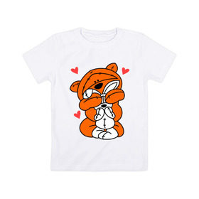 Детская футболка хлопок с принтом Мишка с зайкой в Санкт-Петербурге, 100% хлопок | круглый вырез горловины, полуприлегающий силуэт, длина до линии бедер | Тематика изображения на принте: зайкой | заяц | кролик | любовь | медведь | мишка