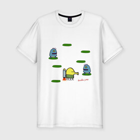 Мужская футболка премиум с принтом Doodle Jump в Санкт-Петербурге, 92% хлопок, 8% лайкра | приталенный силуэт, круглый вырез ворота, длина до линии бедра, короткий рукав | doodle jump | дудл жамп | игры | мобильные игры