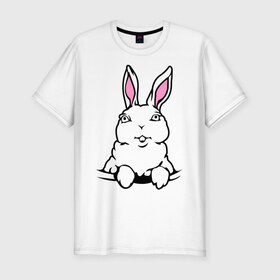 Мужская футболка премиум с принтом Зайчик в кармашке в Санкт-Петербурге, 92% хлопок, 8% лайкра | приталенный силуэт, круглый вырез ворота, длина до линии бедра, короткий рукав | белый кролик | животные | зайка | зайчик в кармашке | кролик