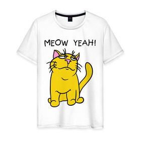 Мужская футболка хлопок с принтом Meow yeah! в Санкт-Петербурге, 100% хлопок | прямой крой, круглый вырез горловины, длина до линии бедер, слегка спущенное плечо. | meow yeah | интернет приколы | киса | кот мем | котик | мурка