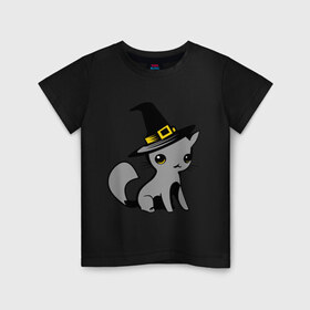 Детская футболка хлопок с принтом Кошка в шляпе в Санкт-Петербурге, 100% хлопок | круглый вырез горловины, полуприлегающий силуэт, длина до линии бедер | ведьма | киска | кошка в шляпе | кошки | мурка | прикольные картинки