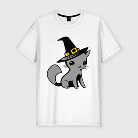 Мужская футболка премиум с принтом Кошка в шляпе в Санкт-Петербурге, 92% хлопок, 8% лайкра | приталенный силуэт, круглый вырез ворота, длина до линии бедра, короткий рукав | ведьма | киска | кошка в шляпе | кошки | мурка | прикольные картинки