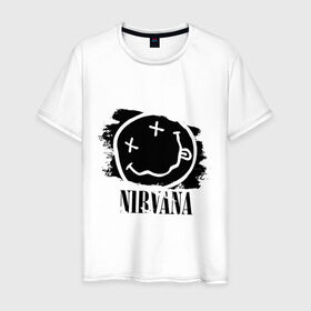 Мужская футболка хлопок с принтом Смайл NIRVANA в Санкт-Петербурге, 100% хлопок | прямой крой, круглый вырез горловины, длина до линии бедер, слегка спущенное плечо. | kurt cobain | nirvana | rock | курт кобейн | нирвана | подарок | рожа | рожица | рок | смайл | смайлик | улыбка