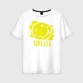 Женская футболка хлопок Oversize с принтом смайл NIRVANA в Санкт-Петербурге, 100% хлопок | свободный крой, круглый ворот, спущенный рукав, длина до линии бедер
 | kurt cobain | nirvana | rock | курт кобейн | нирвана | рожица | рок | смайл | смайлик | улыбка