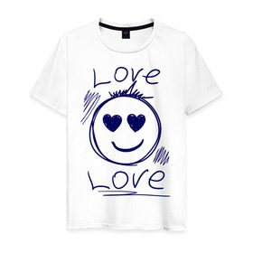 Мужская футболка хлопок с принтом Смайл Love в Санкт-Петербурге, 100% хлопок | прямой крой, круглый вырез горловины, длина до линии бедер, слегка спущенное плечо. | 