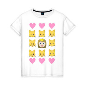 Женская футболка хлопок с принтом Кошатница в Санкт-Петербурге, 100% хлопок | прямой крой, круглый вырез горловины, длина до линии бедер, слегка спущенное плечо | emojin | happy family | котики | коты | кошатница | смайлы | эмоджин