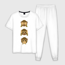Мужская пижама хлопок с принтом Не вижу, не слышу, не скажу в Санкт-Петербурге, 100% хлопок | брюки и футболка прямого кроя, без карманов, на брюках мягкая резинка на поясе и по низу штанин
 | emojin | обезьяны | эмоджин