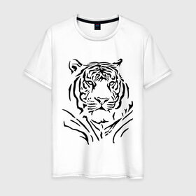 Мужская футболка хлопок с принтом Величественный тигр в Санкт-Петербурге, 100% хлопок | прямой крой, круглый вырез горловины, длина до линии бедер, слегка спущенное плечо. | величественный тигр | животные | полосы | хищник