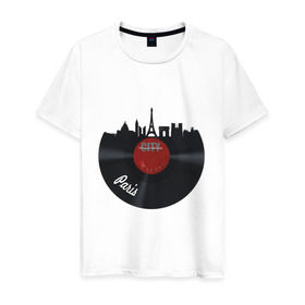 Мужская футболка хлопок с принтом Париж, черный винил в Санкт-Петербурге, 100% хлопок | прямой крой, круглый вырез горловины, длина до линии бедер, слегка спущенное плечо. | башня | париж | пластинка | франция | черный винил