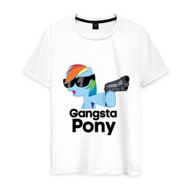 Мужская футболка хлопок с принтом Gangsta pony в Санкт-Петербурге, 100% хлопок | прямой крой, круглый вырез горловины, длина до линии бедер, слегка спущенное плечо. | gangsta pony | my little pony | pony | брони | ганста пони | оружие | очки | пистолет | пони