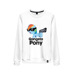 Женский свитшот хлопок с принтом Gangsta pony в Санкт-Петербурге, 100% хлопок | прямой крой, круглый вырез, на манжетах и по низу широкая трикотажная резинка  | gangsta pony | my little pony | pony | брони | ганста пони | оружие | очки | пистолет | пони