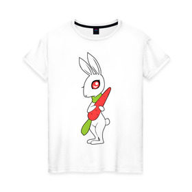 Женская футболка хлопок с принтом Зайка с морковкой в Санкт-Петербурге, 100% хлопок | прямой крой, круглый вырез горловины, длина до линии бедер, слегка спущенное плечо | животны | зайка с морковкой | займа | заяц | милый | морковка