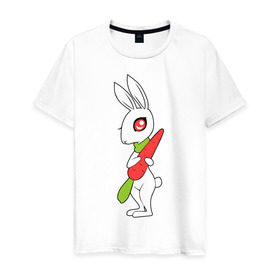 Мужская футболка хлопок с принтом Зайка с морковкой в Санкт-Петербурге, 100% хлопок | прямой крой, круглый вырез горловины, длина до линии бедер, слегка спущенное плечо. | Тематика изображения на принте: животны | зайка с морковкой | займа | заяц | милый | морковка