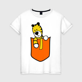 Женская футболка хлопок с принтом Тигра в кармане в Санкт-Петербурге, 100% хлопок | прямой крой, круглый вырез горловины, длина до линии бедер, слегка спущенное плечо | животные | карман | полоски | тигр | тигра в кармане | шарф