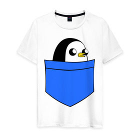 Мужская футболка хлопок с принтом Пингвин в кармане в Санкт-Петербурге, 100% хлопок | прямой крой, круглый вырез горловины, длина до линии бедер, слегка спущенное плечо. | пингвин