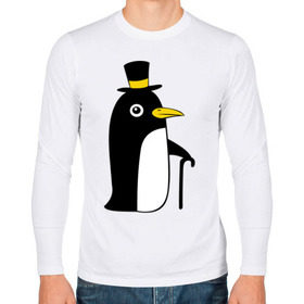 Мужской лонгслив хлопок с принтом Пингвин в шляпе в Санкт-Петербурге, 100% хлопок |  | Тематика изображения на принте: животные | лед | пингвин в шляпе | трость.снег | шляпа