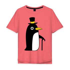Мужская футболка хлопок Oversize с принтом Пингвин в шляпе в Санкт-Петербурге, 100% хлопок | свободный крой, круглый ворот, “спинка” длиннее передней части | животные | лед | пингвин в шляпе | трость.снег | шляпа