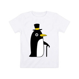 Детская футболка хлопок с принтом Пингвин в шляпе в Санкт-Петербурге, 100% хлопок | круглый вырез горловины, полуприлегающий силуэт, длина до линии бедер | животные | лед | пингвин в шляпе | трость.снег | шляпа
