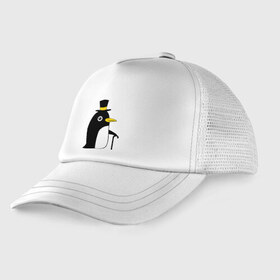 Детская кепка тракер с принтом Пингвин в шляпе в Санкт-Петербурге, Козырек - 100% хлопок. Кепка - 100% полиэстер, Задняя часть - сетка | универсальный размер, пластиковая застёжка | животные | лед | пингвин в шляпе | трость.снег | шляпа