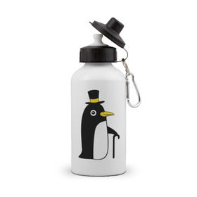 Бутылка спортивная с принтом Пингвин в шляпе в Санкт-Петербурге, металл | емкость — 500 мл, в комплекте две пластиковые крышки и карабин для крепления | животные | лед | пингвин в шляпе | трость.снег | шляпа