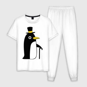 Мужская пижама хлопок с принтом Пингвин в шляпе в Санкт-Петербурге, 100% хлопок | брюки и футболка прямого кроя, без карманов, на брюках мягкая резинка на поясе и по низу штанин
 | животные | лед | пингвин в шляпе | трость.снег | шляпа