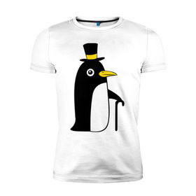 Мужская футболка премиум с принтом Пингвин в шляпе в Санкт-Петербурге, 92% хлопок, 8% лайкра | приталенный силуэт, круглый вырез ворота, длина до линии бедра, короткий рукав | Тематика изображения на принте: животные | лед | пингвин в шляпе | трость.снег | шляпа
