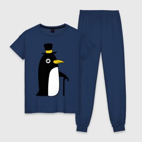 Женская пижама хлопок с принтом Пингвин в шляпе в Санкт-Петербурге, 100% хлопок | брюки и футболка прямого кроя, без карманов, на брюках мягкая резинка на поясе и по низу штанин | животные | лед | пингвин в шляпе | трость.снег | шляпа