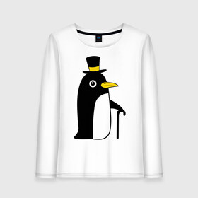 Женский лонгслив хлопок с принтом Пингвин в шляпе в Санкт-Петербурге, 100% хлопок |  | животные | лед | пингвин в шляпе | трость.снег | шляпа