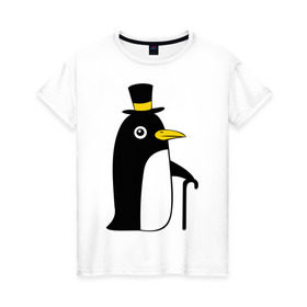 Женская футболка хлопок с принтом Пингвин в шляпе в Санкт-Петербурге, 100% хлопок | прямой крой, круглый вырез горловины, длина до линии бедер, слегка спущенное плечо | животные | лед | пингвин в шляпе | трость.снег | шляпа