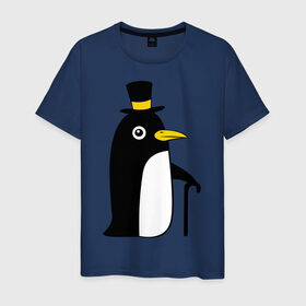 Мужская футболка хлопок с принтом Пингвин в шляпе в Санкт-Петербурге, 100% хлопок | прямой крой, круглый вырез горловины, длина до линии бедер, слегка спущенное плечо. | Тематика изображения на принте: животные | лед | пингвин в шляпе | трость.снег | шляпа