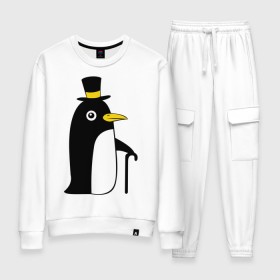 Женский костюм хлопок с принтом Пингвин в шляпе в Санкт-Петербурге, 100% хлопок | на свитшоте круглая горловина, мягкая резинка по низу. Брюки заужены к низу, на них два вида карманов: два 