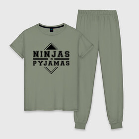 Женская пижама хлопок с принтом Ninjas In Pyjamas в Санкт-Петербурге, 100% хлопок | брюки и футболка прямого кроя, без карманов, на брюках мягкая резинка на поясе и по низу штанин | nip