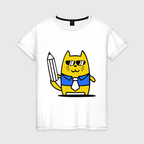 Женская футболка хлопок с принтом Деловой котик в Санкт-Петербурге, 100% хлопок | прямой крой, круглый вырез горловины, длина до линии бедер, слегка спущенное плечо | бизнесмен | карандаш | кот
