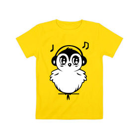 Детская футболка хлопок с принтом Птичка в наушниках в Санкт-Петербурге, 100% хлопок | круглый вырез горловины, полуприлегающий силуэт, длина до линии бедер | воробей | мелодия | меломан | музыка | наушники | ноты | птица | птичка