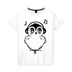 Женская футболка хлопок с принтом Птичка в наушниках в Санкт-Петербурге, 100% хлопок | прямой крой, круглый вырез горловины, длина до линии бедер, слегка спущенное плечо | воробей | мелодия | меломан | музыка | наушники | ноты | птица | птичка