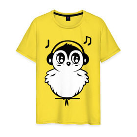 Мужская футболка хлопок с принтом Птичка в наушниках в Санкт-Петербурге, 100% хлопок | прямой крой, круглый вырез горловины, длина до линии бедер, слегка спущенное плечо. | воробей | мелодия | меломан | музыка | наушники | ноты | птица | птичка