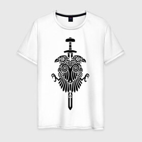 Мужская футболка хлопок с принтом Вороны в Санкт-Петербурге, 100% хлопок | прямой крой, круглый вырез горловины, длина до линии бедер, слегка спущенное плечо. | ворон | герб | две | двое | кинжал | клинок | меч | пара | тату