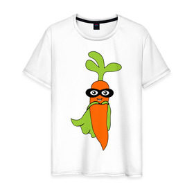 Мужская футболка хлопок с принтом Супер-морковь в Санкт-Петербурге, 100% хлопок | прямой крой, круглый вырез горловины, длина до линии бедер, слегка спущенное плечо. | супергерой