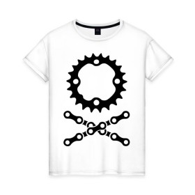 Женская футболка хлопок с принтом Велосипедная цепь и звездочка в Санкт-Петербурге, 100% хлопок | прямой крой, круглый вырез горловины, длина до линии бедер, слегка спущенное плечо | пират