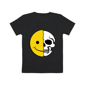 Детская футболка хлопок с принтом Смайлик-черепок в Санкт-Петербурге, 100% хлопок | круглый вырез горловины, полуприлегающий силуэт, длина до линии бедер | скелет