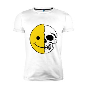 Мужская футболка премиум с принтом Смайлик-черепок в Санкт-Петербурге, 92% хлопок, 8% лайкра | приталенный силуэт, круглый вырез ворота, длина до линии бедра, короткий рукав | скелет