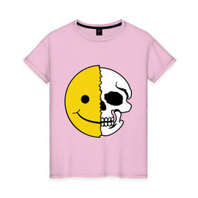 Женская футболка хлопок с принтом Смайлик-черепок в Санкт-Петербурге, 100% хлопок | прямой крой, круглый вырез горловины, длина до линии бедер, слегка спущенное плечо | скелет