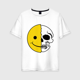 Женская футболка хлопок Oversize с принтом Смайлик-черепок в Санкт-Петербурге, 100% хлопок | свободный крой, круглый ворот, спущенный рукав, длина до линии бедер
 | скелет