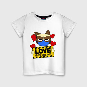 Детская футболка хлопок с принтом Любовь в воздухе в Санкт-Петербурге, 100% хлопок | круглый вырез горловины, полуприлегающий силуэт, длина до линии бедер | air | cat | grumpy | love | воздух | кот | любовь | недовольный | повязка | респиратор | хмурый
