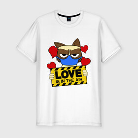 Мужская футболка премиум с принтом Любовь в воздухе в Санкт-Петербурге, 92% хлопок, 8% лайкра | приталенный силуэт, круглый вырез ворота, длина до линии бедра, короткий рукав | air | cat | grumpy | love | воздух | кот | любовь | недовольный | повязка | респиратор | хмурый