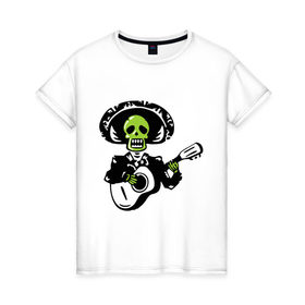 Женская футболка хлопок с принтом Мертвый музыкант в Санкт-Петербурге, 100% хлопок | прямой крой, круглый вырез горловины, длина до линии бедер, слегка спущенное плечо | гитара | скелет